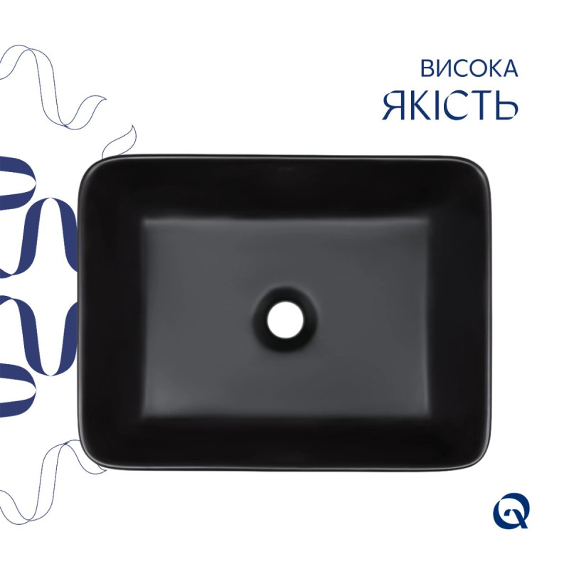 Комплект Qtap Tern: Раковина накладна прамокутна 480х370х135 мм Matt Black + Донний клапан PU03
