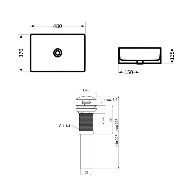 Комплект Qtap Tern: Раковина накладная прямоугольная 480х370х135 мм White + Донный клапан PU02