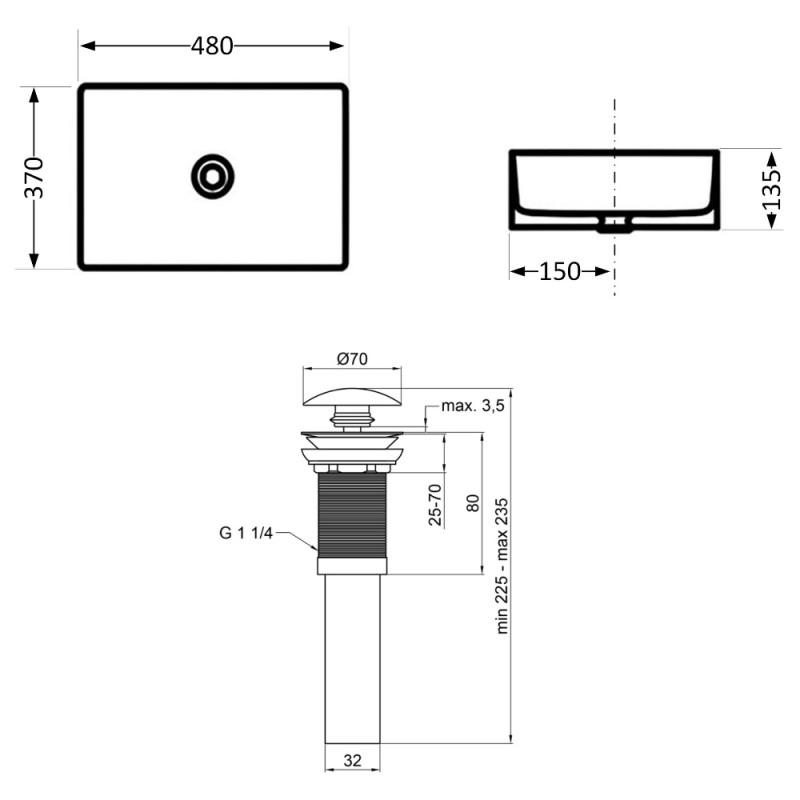 Комплект Qtap Tern: Раковина накладна прамокутна 480х370х135 мм White + Донний клапан PU02