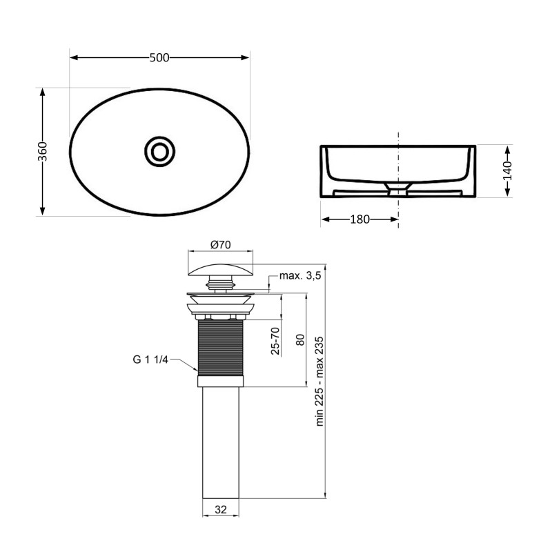 Комплект Qtap Kolibri: Раковина накладная овальная 500x360x140 мм White + Донный клапан PU02