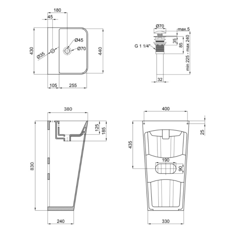 Комплект Qtap Tern: Раковина напольная моноблок 440х380х830 мм White + Донный клапан PU02O