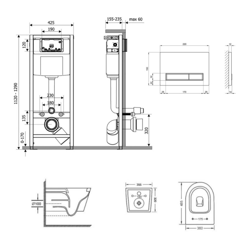 Готове рішення Qtap для ванної кімнати: підвісний унітаз Swan Ultra Quiet 485x360x320 + комплект інсталяції Nest 4 в 1 (лінійна клавіша Matt Black)