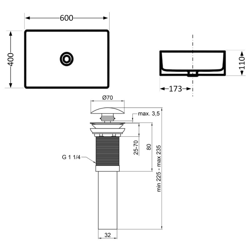 Комплект Qtap Tern: Раковина накладна прамокутна 600x400x110 мм WHITE + Донний клапан PU02