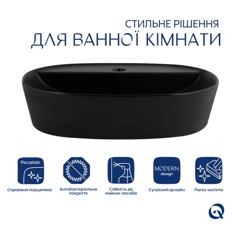 Комплект Qtap Scorpio: Раковина накладная овальная 500x380x120 мм Matt Black + Донный клапан PU03