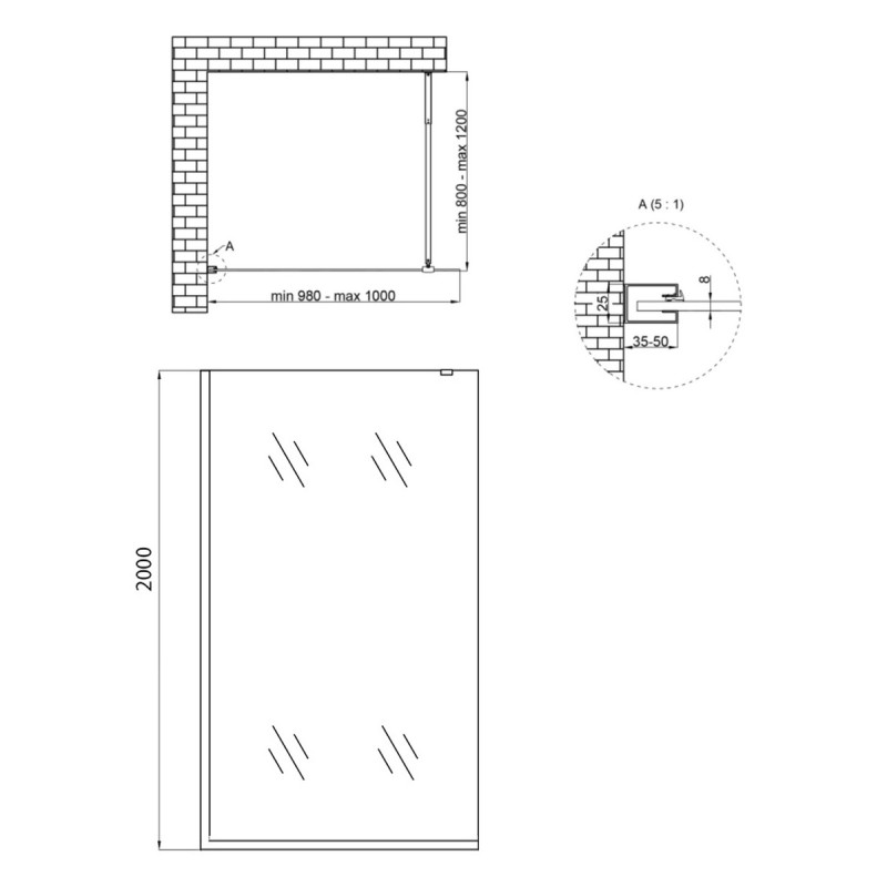 Душова перегородка Qtap Walk-In Standard BLM201.C8 100х200 см, скло Clear 8 мм, покриття CalcLess