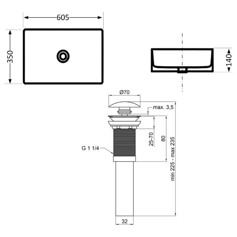 Комплект Qtap Tern: Раковина накладна прамокутна 610x350x135 мм WHITE + Донний клапан PU02