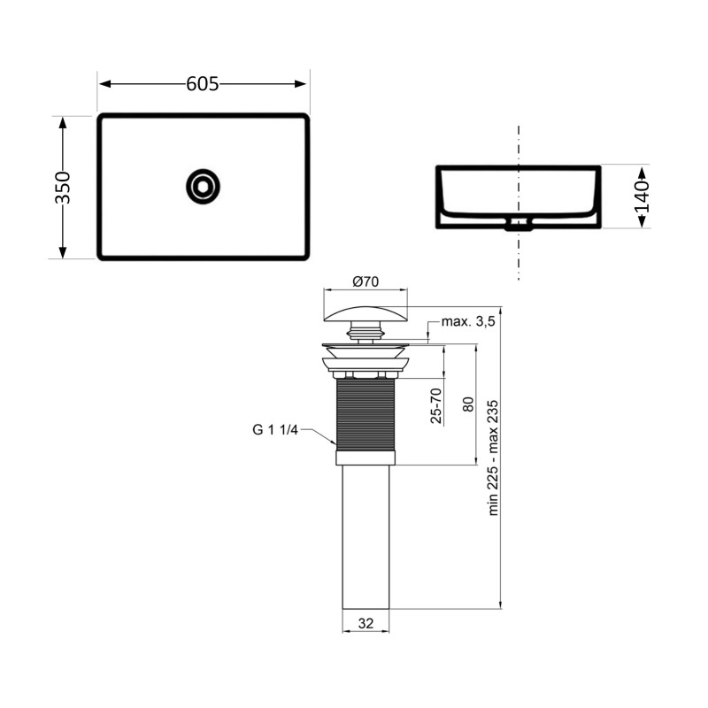 Комплект Qtap Tern: Раковина накладна прамокутна 610x350x135 мм WHITE + Донний клапан PU02
