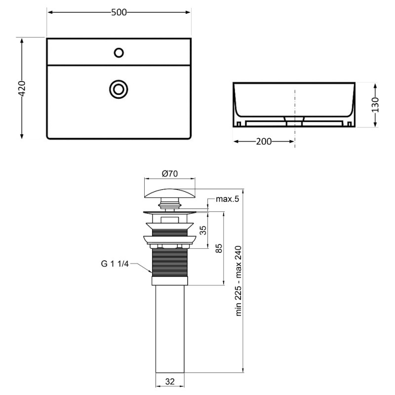 Комплект Qtap Nando LT: Раковина подвесная прямоугольная 500х420х130 мм Matt Black + Донный клапан PU03O