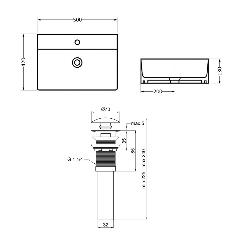 Комплект Qtap Nando LT: Раковина подвесная прямоугольная 500х420х130 мм Matt Black + Донный клапан PU03O