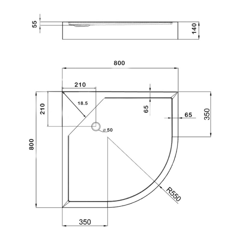 Lidz Душовий піддон KAPIELKA ST80x80x14 низький, напівкруглий, діаметр зливу 52 мм