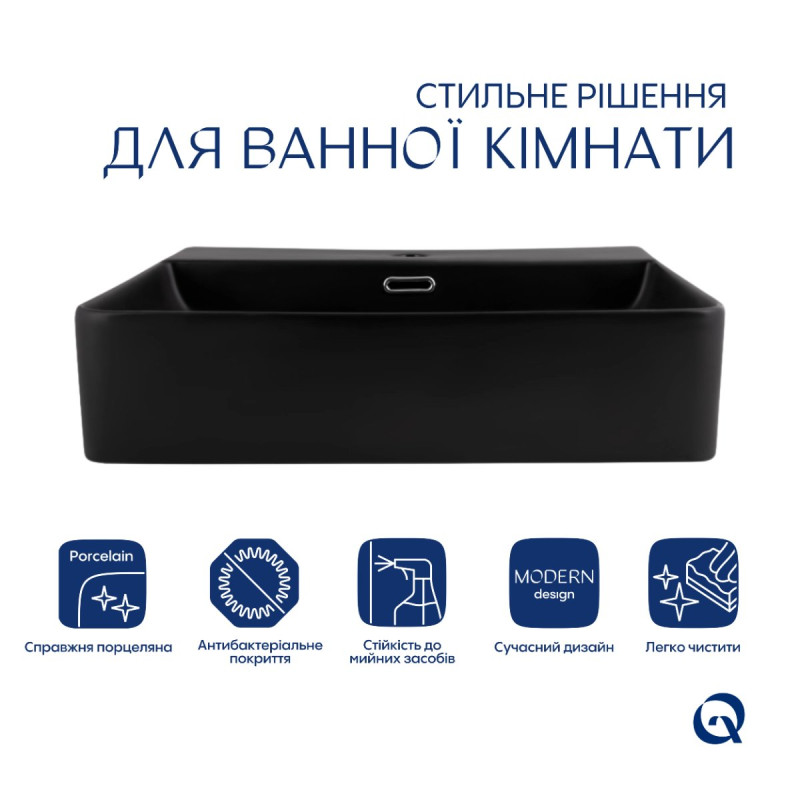Комплект Qtap Nando LT: Раковина подвесная прямоугольная 500х420х130 мм Matt Black + Донный клапан PU03O