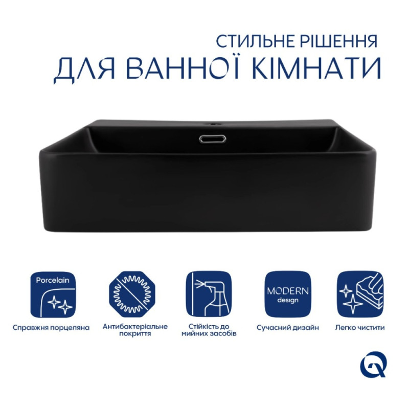 Комплект Qtap Nando LT: Раковина подвесная прямоугольная 500х420х130 мм Matt Black + Донный клапан PU03O