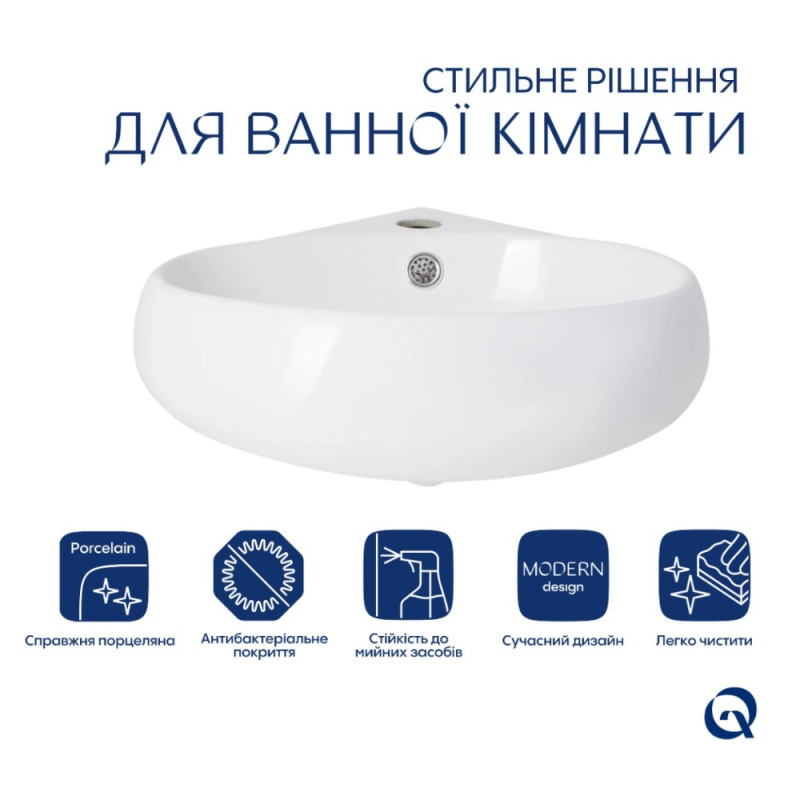 Комплект Qtap Leo N: Раковина підвісна угловая овальна 380x360x130 мм WHITE + Донний клапан PU02O