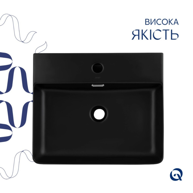 Комплект Qtap Nando LT: Раковина подвесная прямоугольная 500х420х130 мм Matt Black + Донный клапан PU03O