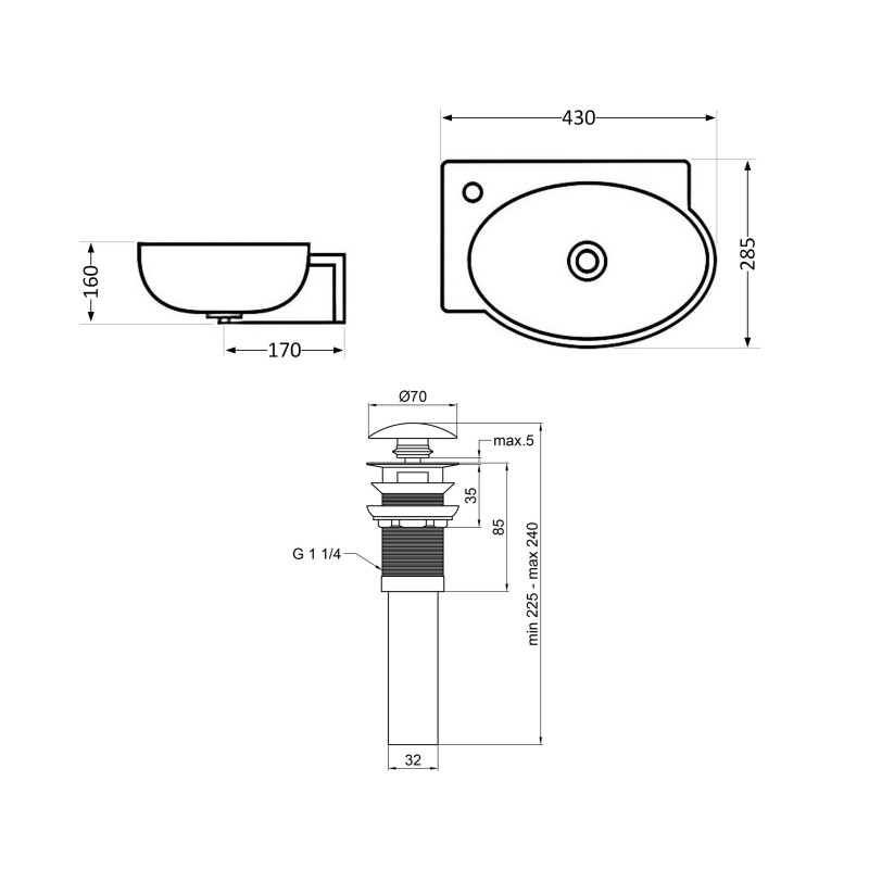 Комплект Qtap Leo: Раковина подвесная овальная левая 430x285x160 мм White + Донный клапан PU02O