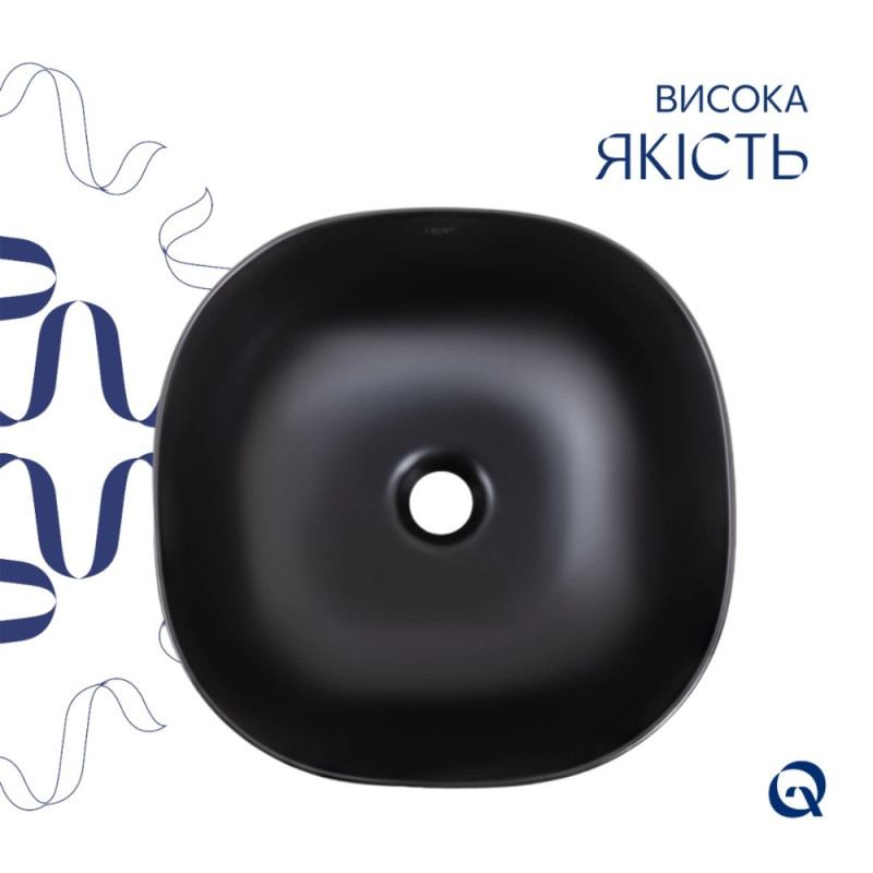 Комплект Qtap Kolibri: Раковина накладная квадратная 400х400х140 мм Matt Black + Донный клапан PU03
