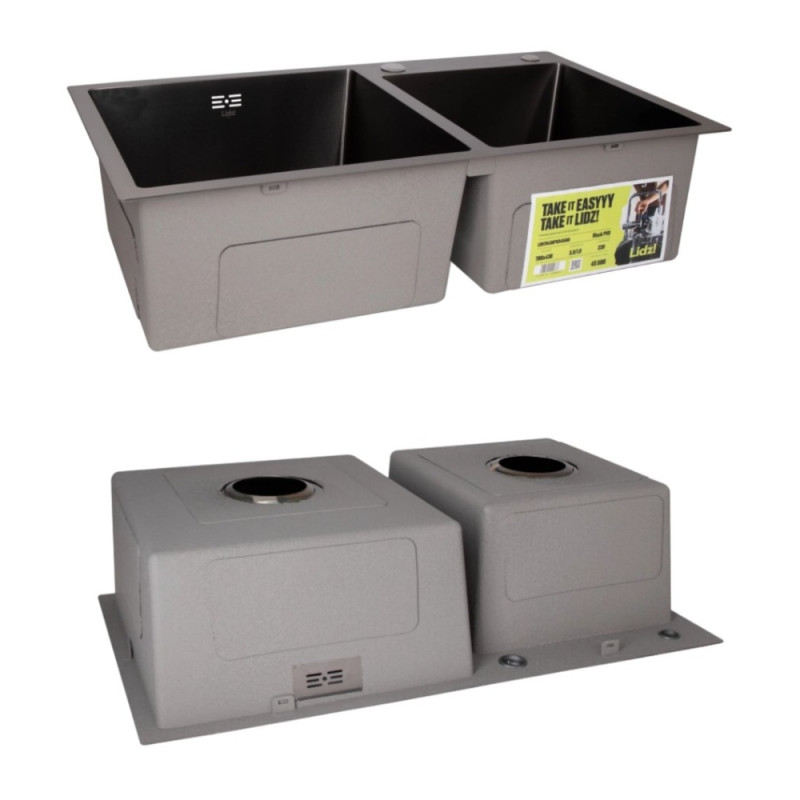 Комплект Lidz Handmade H7843 Мийка для кухні з двома чашами інтегрована BlackPVD у комплекті з дозатором + Lidz K01B Корзина для кухонної мийки
