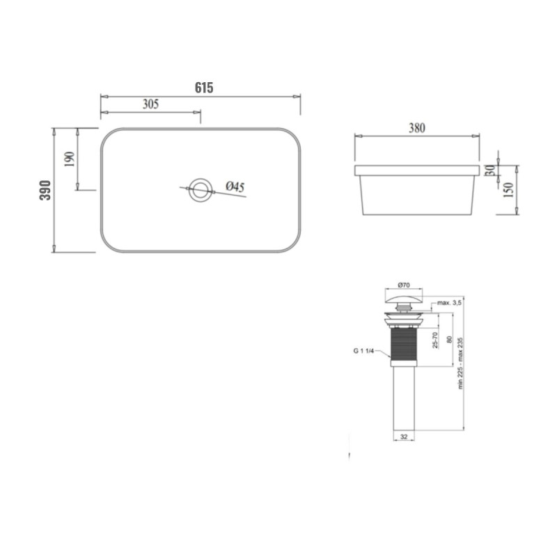 Комплект Qtap Scorpio: Раковина врезная прямоугольная 615х390х150 мм White + Донный клапан PU02