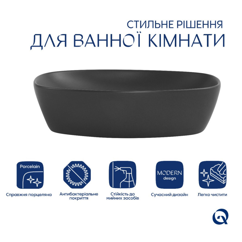 Раковина накладна Qtap Robin 500х380х140 мм, Anthracite, прямокутна, з донним клапаном QT04116302AN