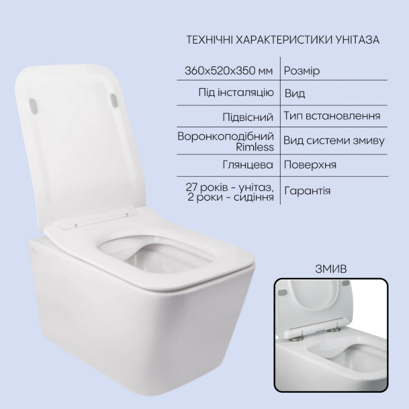 Готове рішення Qtap для ванної кімнати: підвісний унітаз Crow Rimless 520х360х290 + комплект інсталяції Nest 4 в 1 (квадратна клавіша Chrome)