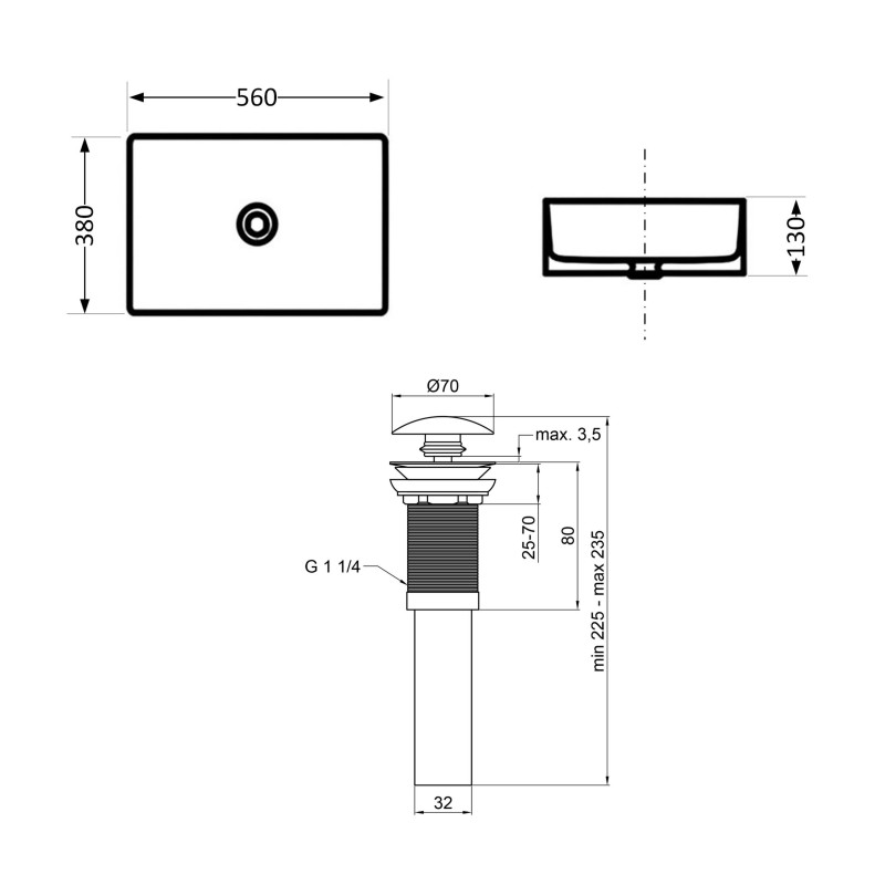 Комплект Qtap Virgo N: Раковина накладная 560x380x130 мм, White, прямоугольная + Донный клапан Pop-up PU02