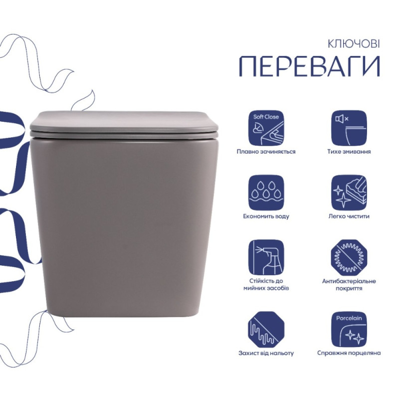 Унитаз подвесной Tern Ultra Quiet 490×365×325 мм, Stone Grey, с сиденьем Slim Duroplast / Soft-close / Quick Release QT17332303ASSG Qtap