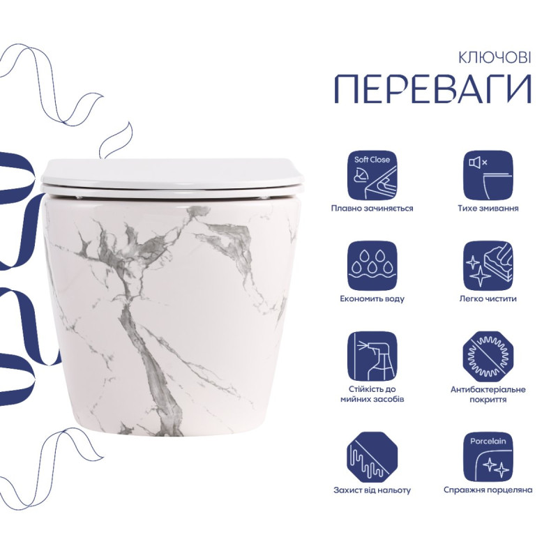 Унитаз подвесной Robin Ultra Quiet 490×365×325 мм, Marble, с сиденьем Slim Duroplast / Soft-close / Quick Release QT13332381АSMR Qtap