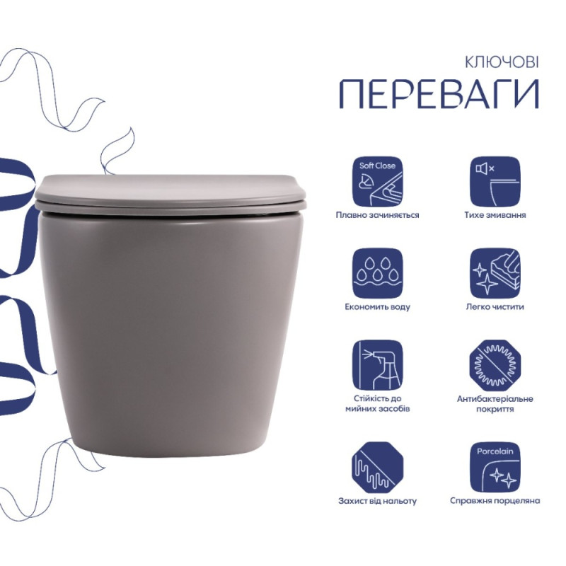 Унитаз подвесной Robin Ultra Quiet 490×365×325 мм, Stone Grey, с сиденьем Slim Duroplast / Soft-close / Quick Release QT13332381АSSG Qtap