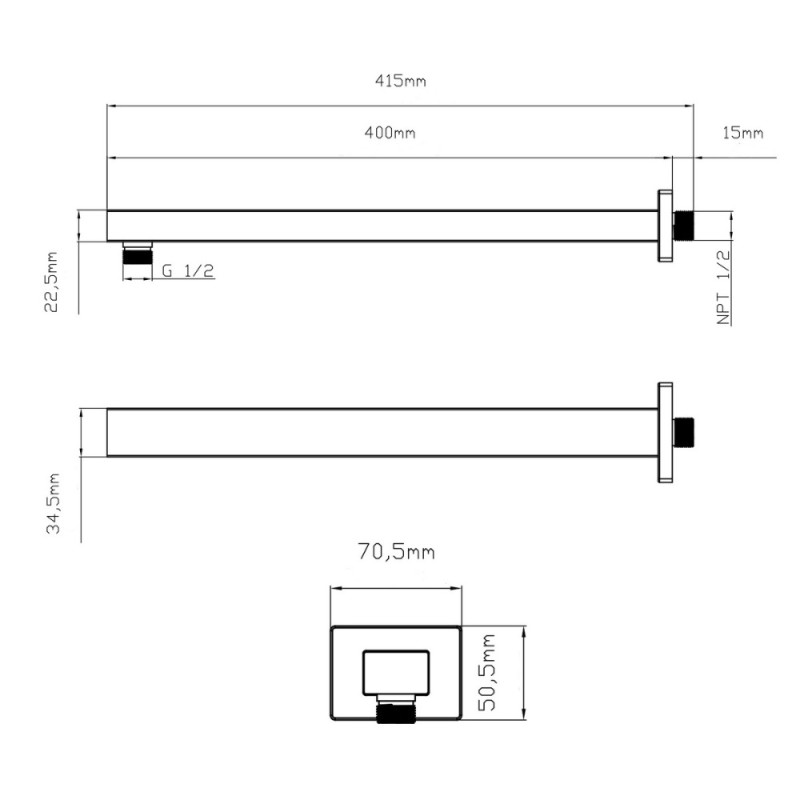 Кронштейн для верхнього душу Qtap Trubice 400 мм прямокутний QTTRU120BLM45929 Black Matt
