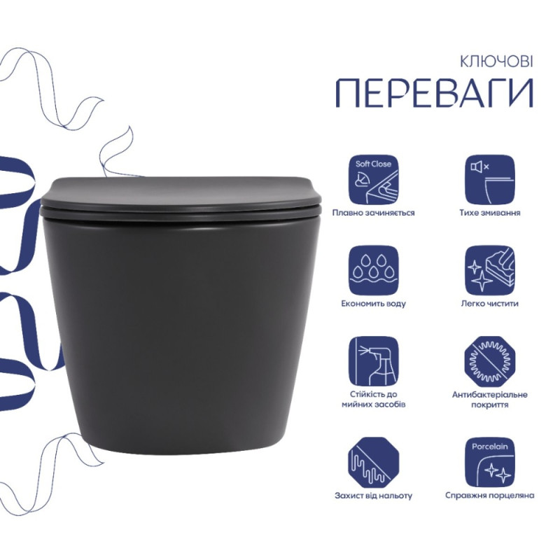 Унітаз підвісний Robin Ultra Quiet 490×365×325 мм, Anthracite, з сидінням Slim Duroplast / Soft-close / Quick Release QT13332381АSAN Qtap