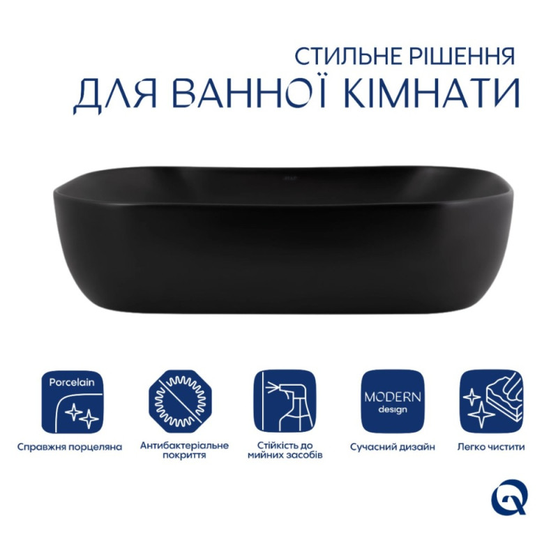 Комплект Qtap Robin: Раковина накладна прамокутна 600x390x150 мм Matt Black + Донний клапан PU03