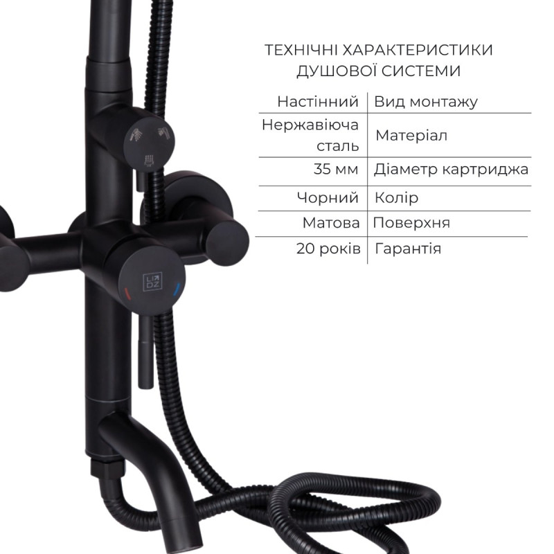 Комплект смесителей Lidz Aria Black: Душевая система LDARI1030BLA43373 + Смеситель для раковины LDARI001FBLA43367