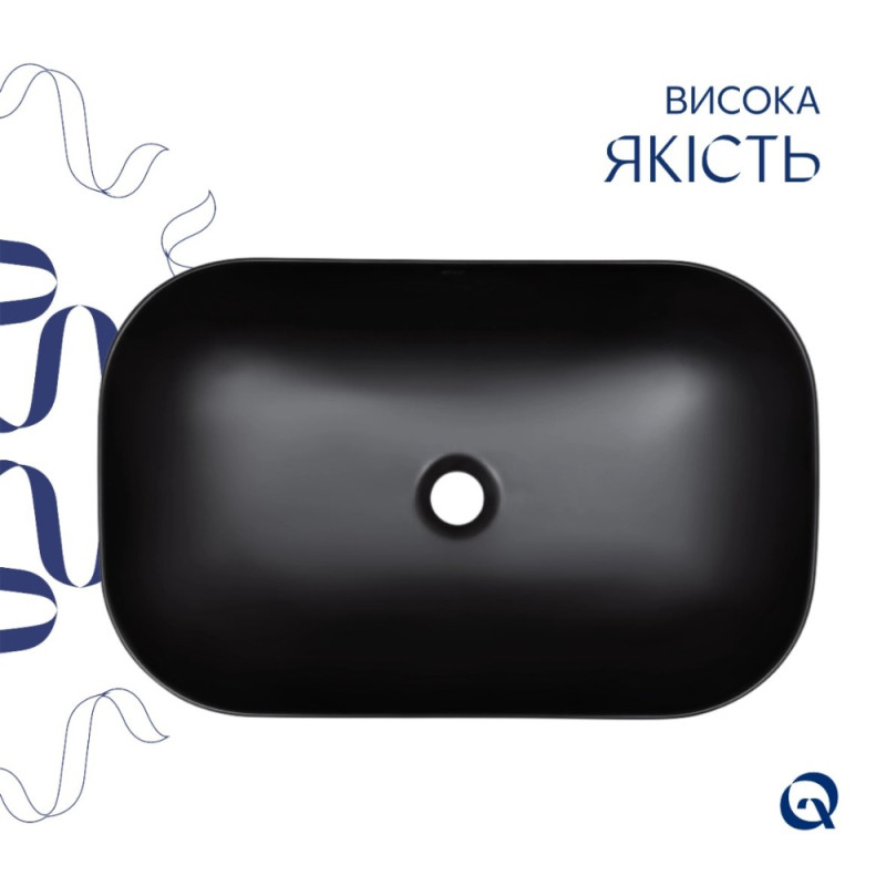 Комплект Qtap Robin: Раковина накладна прамокутна 600x390x150 мм Matt Black + Донний клапан PU03