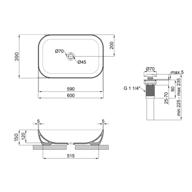 Комплект Qtap Robin: Раковина накладна прамокутна 600x390x150 мм White + Донний клапан PU02
