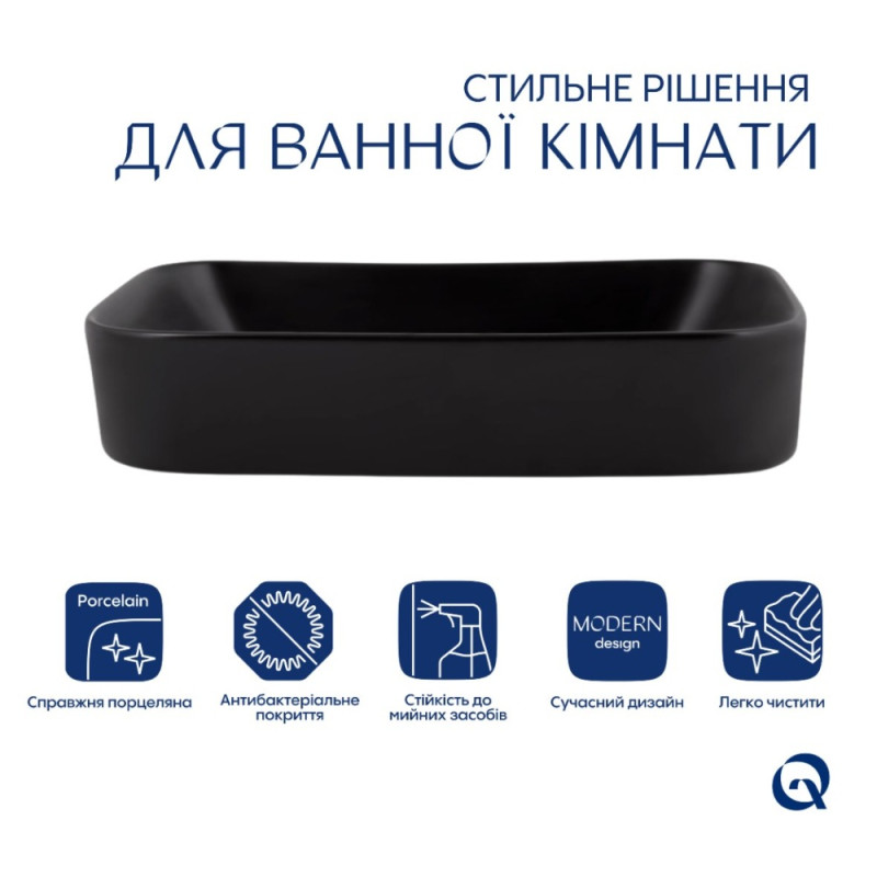 Комплект Qtap Scorpio: Раковина накладна прамокутна 550х390х120 мм Matt Black + Донний клапан PU03