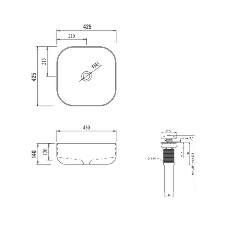 Комплект Qtap Kolibri: Раковина накладная 425x425x140 мм, White, квадратная + Донный клапан Pop-up PU02