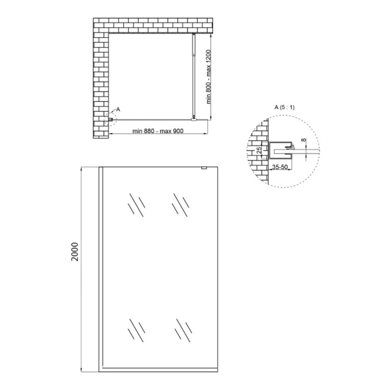 Душова перегородка Qtap Walk-In Standard CRM209.C8 90х200 см, скло Clear 8 мм, покриття CalcLess