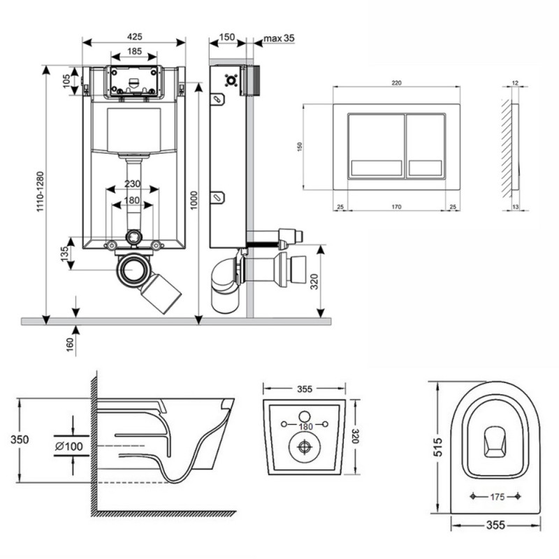 Готовое решение Qtap для ванной комнаты: подвесной унитаз  Swan Rimless 520х360х320 + комплект инсталляции Nest 4 в 1 (квадратная клавиша Chrome)