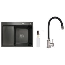 Акционный набор Lidz: мойка H6350BL интегрированная крыло слева Brushed Black PVD 3,0/1,0 мм + Смеситель Aria для кухни с гибким изливом (k35) Black
