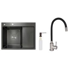 Акционный набор Lidz: мойка H6350BR интегрированная крыло справа Brushed Black PVD 3,0/1,0 мм + Смеситель Aria для кухни с гибким изливом (k35) Black