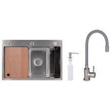 Акційний набір Lidz: мийка H6845 Decor 3,0/1,0 мм + Змішувач Aria для кухні з гнучким виливом (k35) Grey