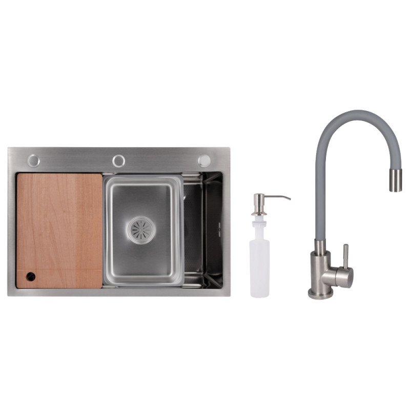 Акционный набор Lidz: мойка H6845 Decor 3,0/1,0 мм + Смеситель Aria для кухни с гибким изливом (k35) Grey