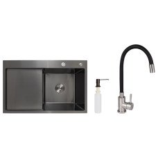 Акционный набор Lidz: мойка H7849BL интегрированная крыло слева Brushed Black PVD 3,0/1,0 мм + Смеситель Aria для кухни с гибким изливом (k35) Black