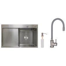 Акционный набор Lidz: мойка H7849L интегрированная крыло слева Brushed Steel 3,0/1,0 мм + Смеситель Aria для кухни с гибким изливом (k35) Grey