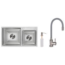 Акционный набор Lidz: мойка с двумя чашами интегрированная Brushed Steel 3,0/1,0 мм + Смеситель Aria для кухни с гибким изливом (k35) Grey