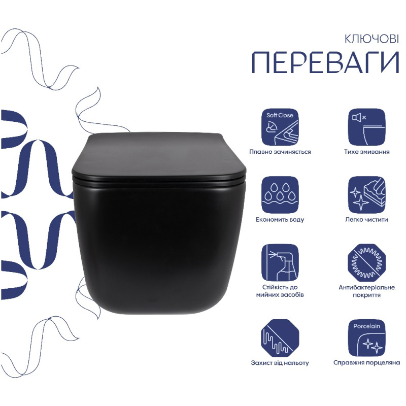 Унітаз підвісний Qtap Gemini Ultra Quiet 485×340×350 мм, Matt Black, з сидінням Slim Duroplast / Soft-close / Quick Release QTGEM28BLM50505