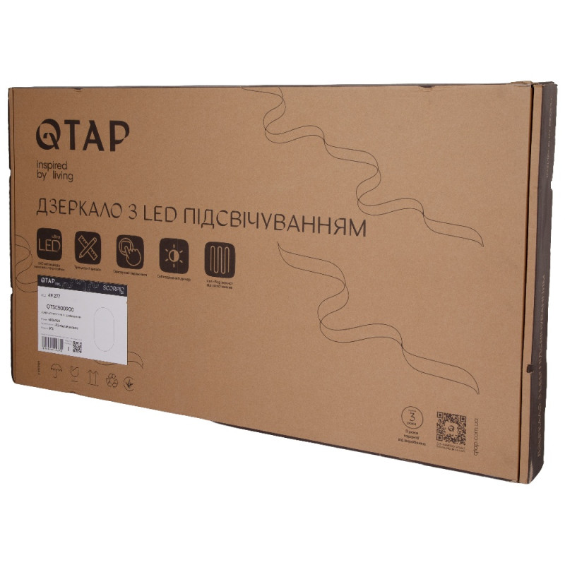Зеркало Qtap Scorpio (SC1) с LED-подсветкой Touch, с антизапотеванием, с диммером, рег. темп. цвета (3000-6500K) Black QTSC500900