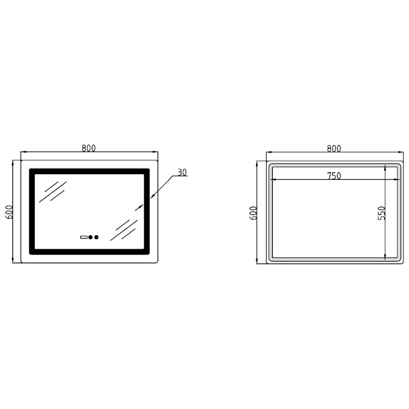 Зеркало Lidz Kubis (KU2) 800х600 с часами, с LED-подсветкой Touch, с антизапотеванием, с диммером, рег. яркости LDKU800600CL48281
