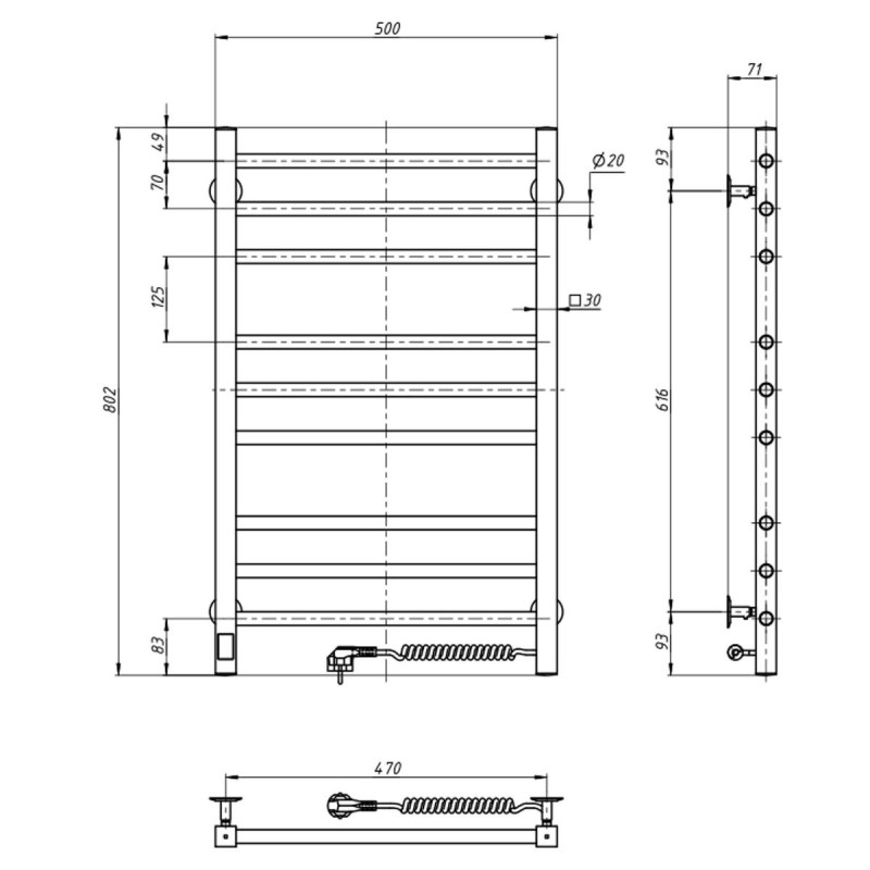 Рушникосушка Класик Квадро 500х800 Sensor з таймером, права (10-016053-5080)