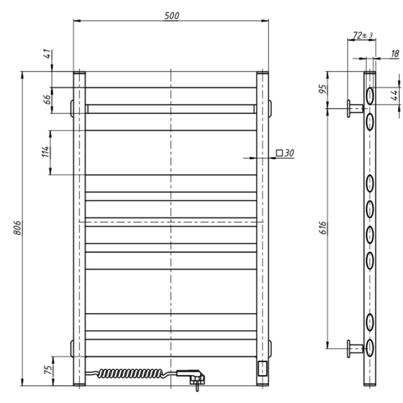 Рушникосушка Ellipse 500х800 Sensor ліва з таймером, білий оксамит (12-845153-5080)